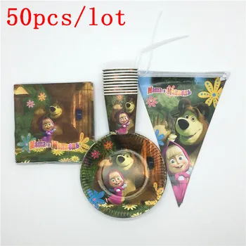 

50pcs/lot Masha and Bear Theme Disposable Tableware Sets Paper Plates+Cups+Napkins+Flags Kids Favor Birthday Decoration Supplies