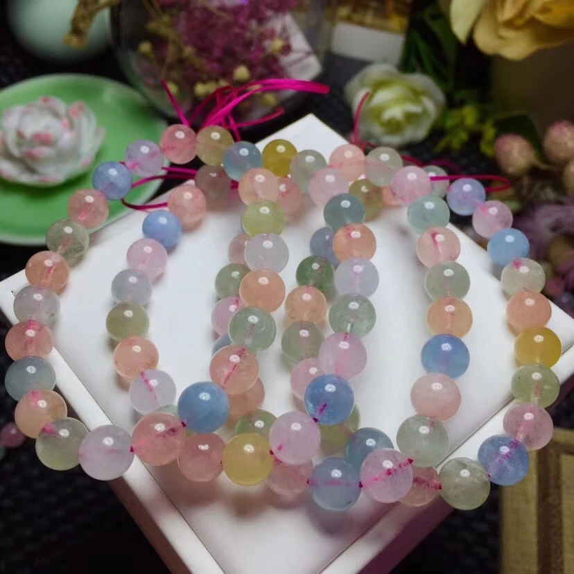 

8mm Genuine Natural Colorful Morganite Clear Round Beads Fashion Bracelet Crystal Woman Love Stone Gemstone Bracelets Aaaaa