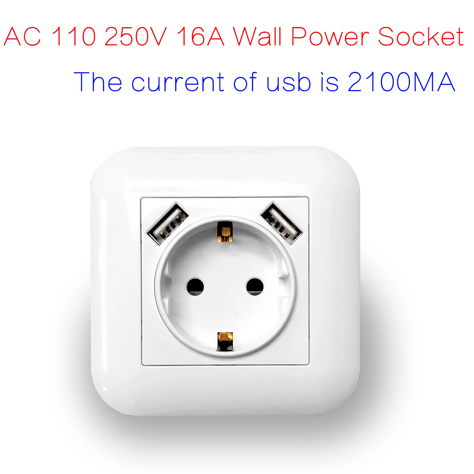 Настенная розетка Delviz стандарта ЕС 16А, AC 110~ 250V розетка, квадратная с usb лицевой панелью, 2.1A порт, Белая Двойная USB зарядная розетка