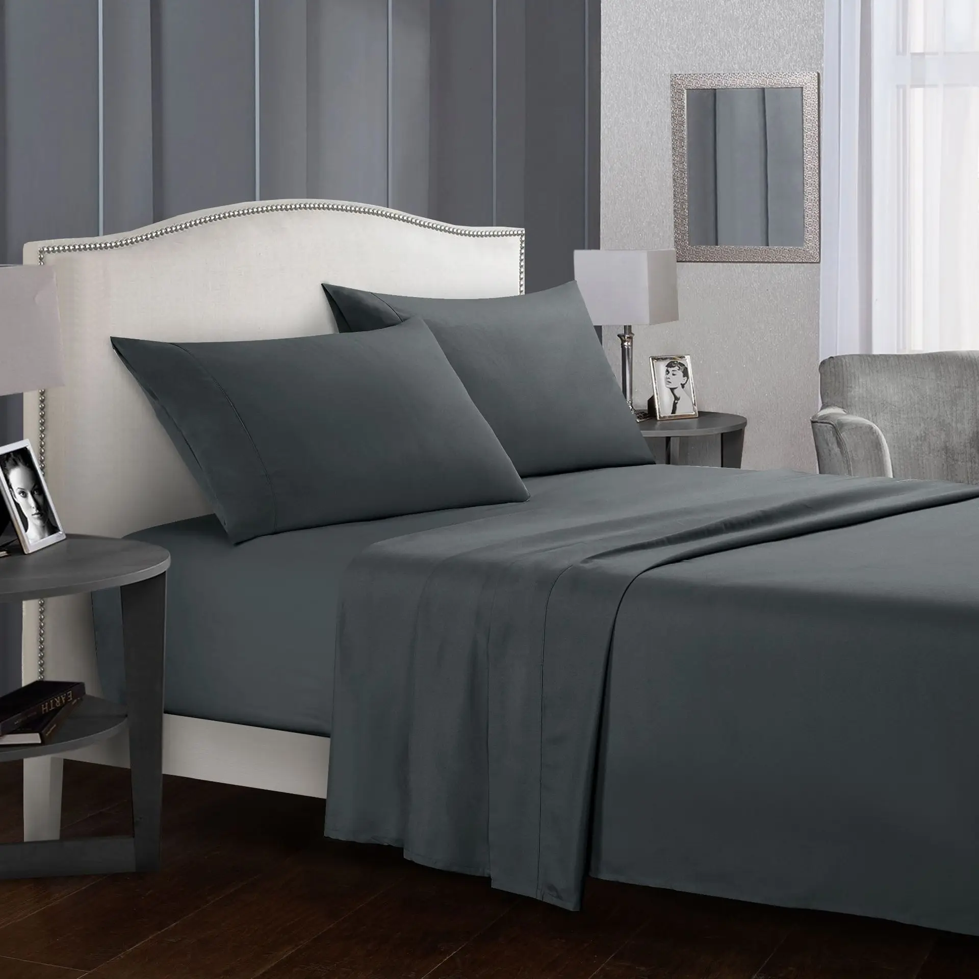 

Pure Color Bedding Set Brief Linens Flat Sheet+Fitted Sheet+Pillowcase Queen/ King Size Gray Soft comfortable white Bed set 38