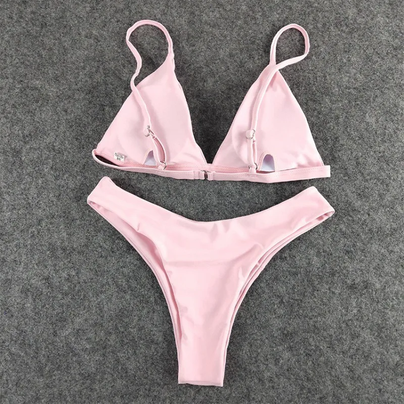 

Triangle Bikini Set 2019 Padded Bra Swimsuit Strap Solid Swimwear Push Up Bikinis Mujer Beachwear Swimming Bathing Suit Girls