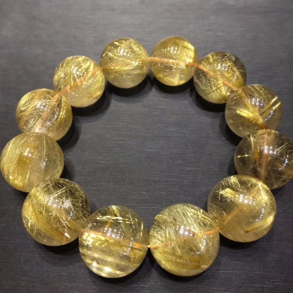 

Top Natural Brazil Gold Rutilated Titanium Quartz Round Beads Bracelet 19mm Women Man Stretch Crystal Certificate Aaaaaa