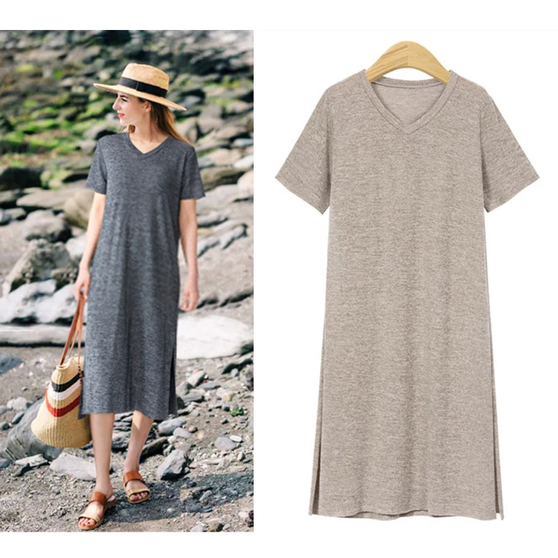 

2019 summer Europe and America large size women's fashion cotton loose knit short-sleeved dress