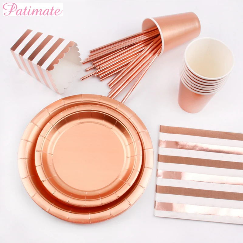 

PATIMATE Rose Gold Disposable Tableware Sets Party Champagne Stripe Straw Cup Plate Wedding Birthday Party Decor Supplies