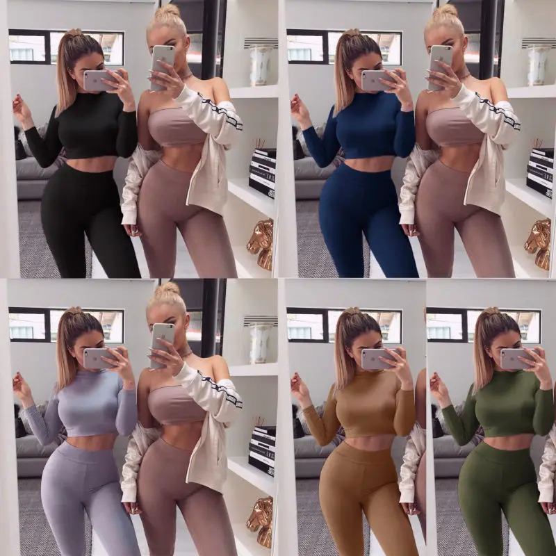 

Long Tops Crop Long Set Fit Sleeve Pants Pants Slim Women Casual NavelCostume Long Pants Costume Pants Long Sleeve Slim Fit Set