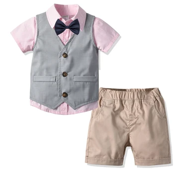 

Summer Set for Boy Clothing set Gentleman Dress Children Bow + Pink Shirt + Grey Vest + Khaki Shorts Toddler Suits Boys