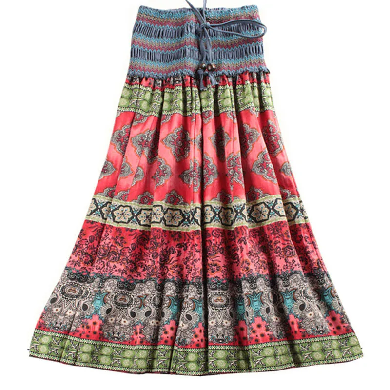 

Summer New Arrival Fashion Elastic Waist Bohemian Style Flower Printed Women Long Skirts Saia Longa Skirts Wnmens Clothes