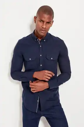 

100% Cotton Navy Men's Slim Fit shirt with epaulets TMNSS19RS0011