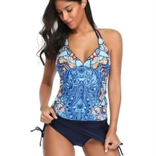 Танкини купальник женский с коротким купальным костюмом из двух частей сексуальный с открытой спиной бикини набор Холтер Цветочный купальник бикини