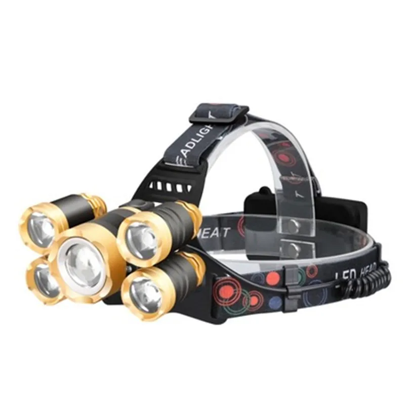 

5LEDS 1T6+4xpe super heldere LED koplamp 6000 lumen led headlighr 4 switch modes vissen lamp Waterdicht koplamp + 2x18650