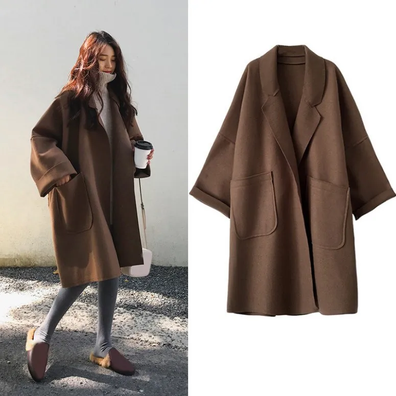 Winter Women Korean Wool Blend Coats Outwear Warm Solid Blend Coat Casual Loose Long Sleeve Long Plus Size Windbreaker Overcoat