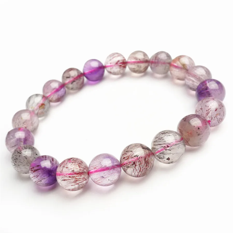 

Natural Purple Rutilated Quartz Super 7 Seven Mix Colors Melody Stone Women Femme Stretch Round Crystal Beads Bracelets 11mm
