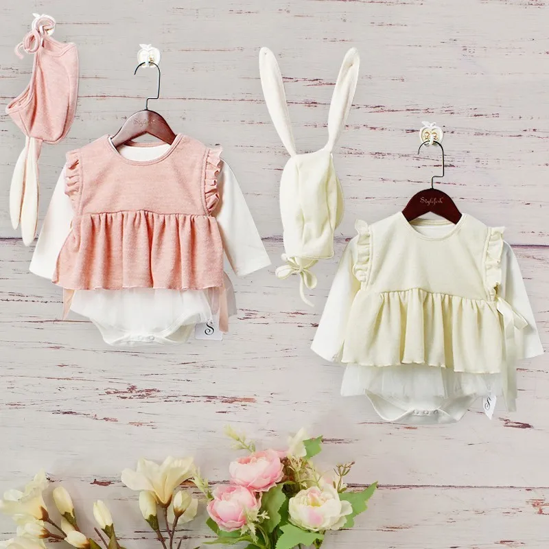 

Baby Girl Clothes Set Autumn New Fashion Spring Baby Mesh Long Sleeve Rompers Vest + Rabbit Ears Hat Gift Box Children's Suit