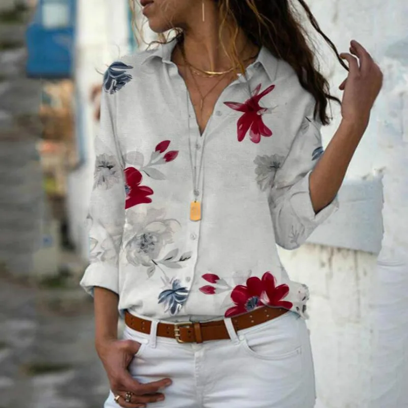

Summer Autumn Sexy V-neck Floral Print Chiffon Blouse Casual Plus Size Tops V-neck Long Sleeve Slim Shirts