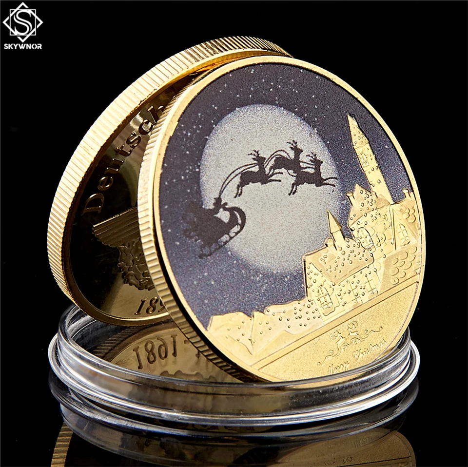 

Merry Christmas Snowman Deer Gold/Silver Commemorative 1.57"*0.12" Coin Collectibles With Coin Capsule