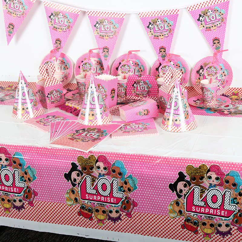 

130Pcs/Lot Surprise Dolls Theme Baby Shower Kid Girl Birthday Party Toy Paper Cup Plate Napkin Wedding Gift Bag Candy Box Supply