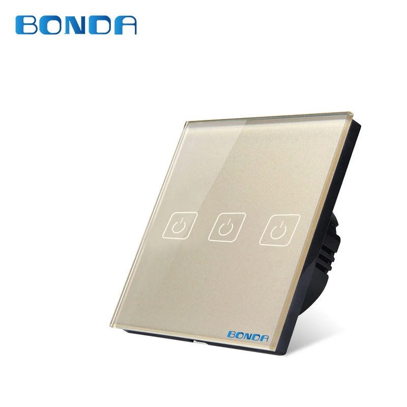 BONDA RF remote control switch EU / UK 1/2/3 Gang golden luxury tempered crystal glass panel with Broadlink rm pro APP Control