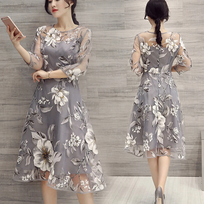 

High Waist Elegant Evening Floral Dress Women Zipper Organza Beach Party Long Sleeve