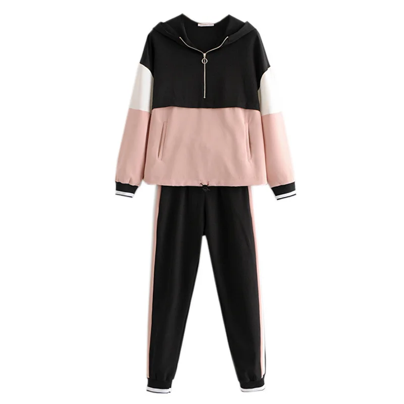 

Set Female New 2019 Autumn Women's Two-piece Loose Color Matching Long-sleeved Jacket + Elastic Waist Casual Pants