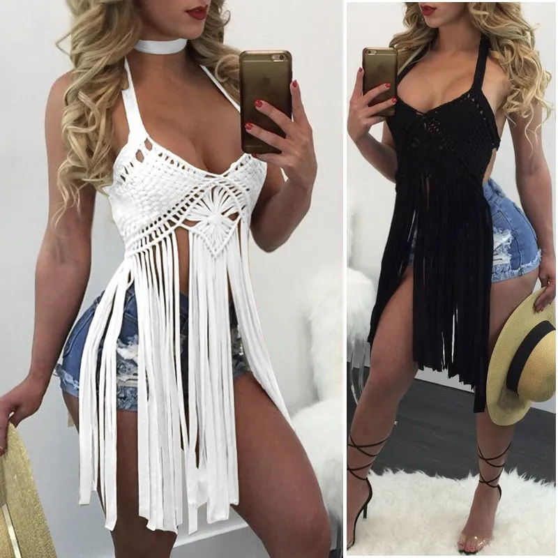

Fashion Women Sexy Lady Sleeveless Off Shoulder Halter Lace-up Drawstring Tassel Crochet Knit Bralette Beach Crop Top Camis Tank