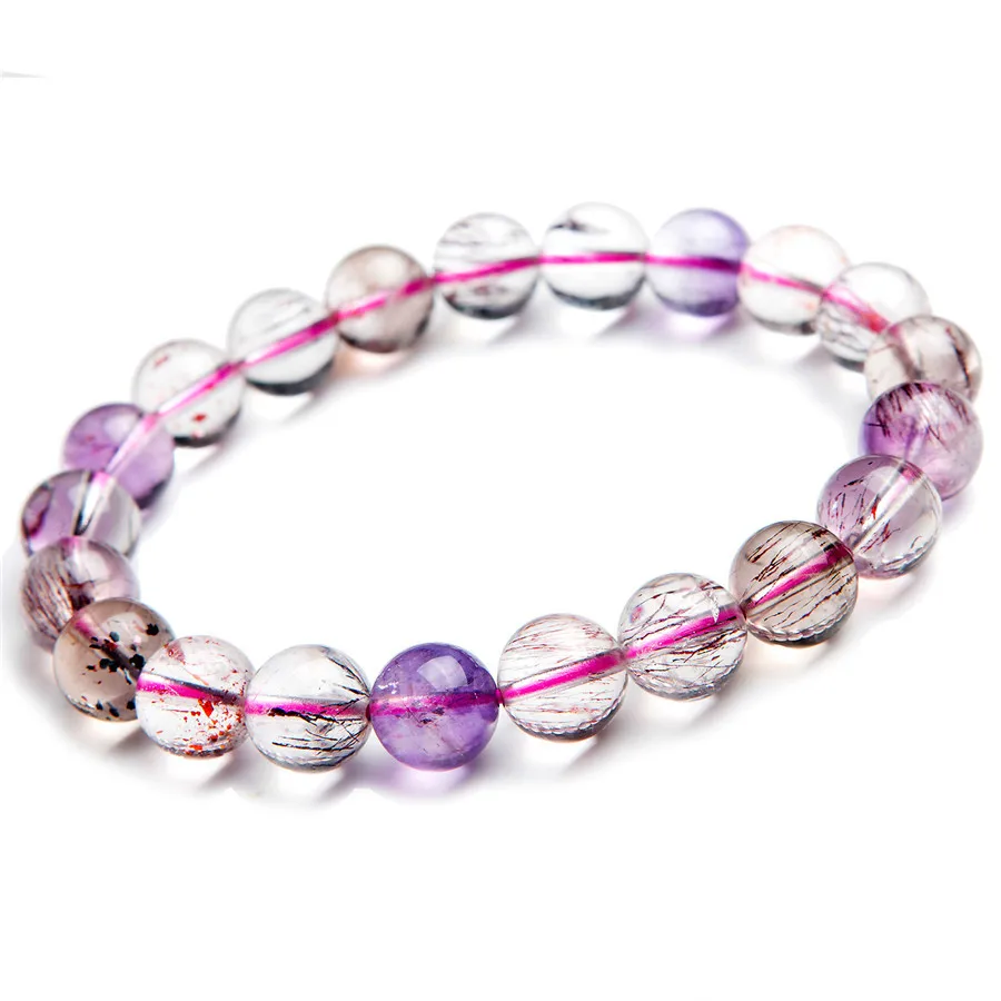 

Natural Super Seven Melody Stone Bracelets 9.5mm For Women Femme Crystal Stretch Natural Rutilated Quartz Round Bead Bracelet