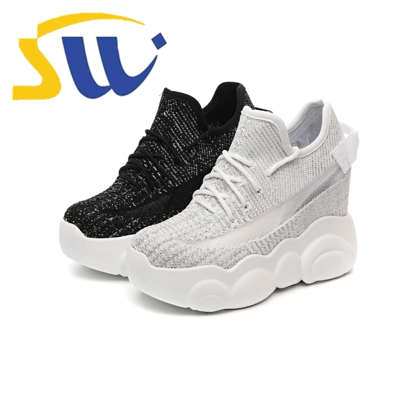 

SWONCO White Shoes Sneakers For Woman Summer Shoes Wedge 2019 Spring New Black Sneakers Platform Wedge Shoe Sock Bear Bottom
