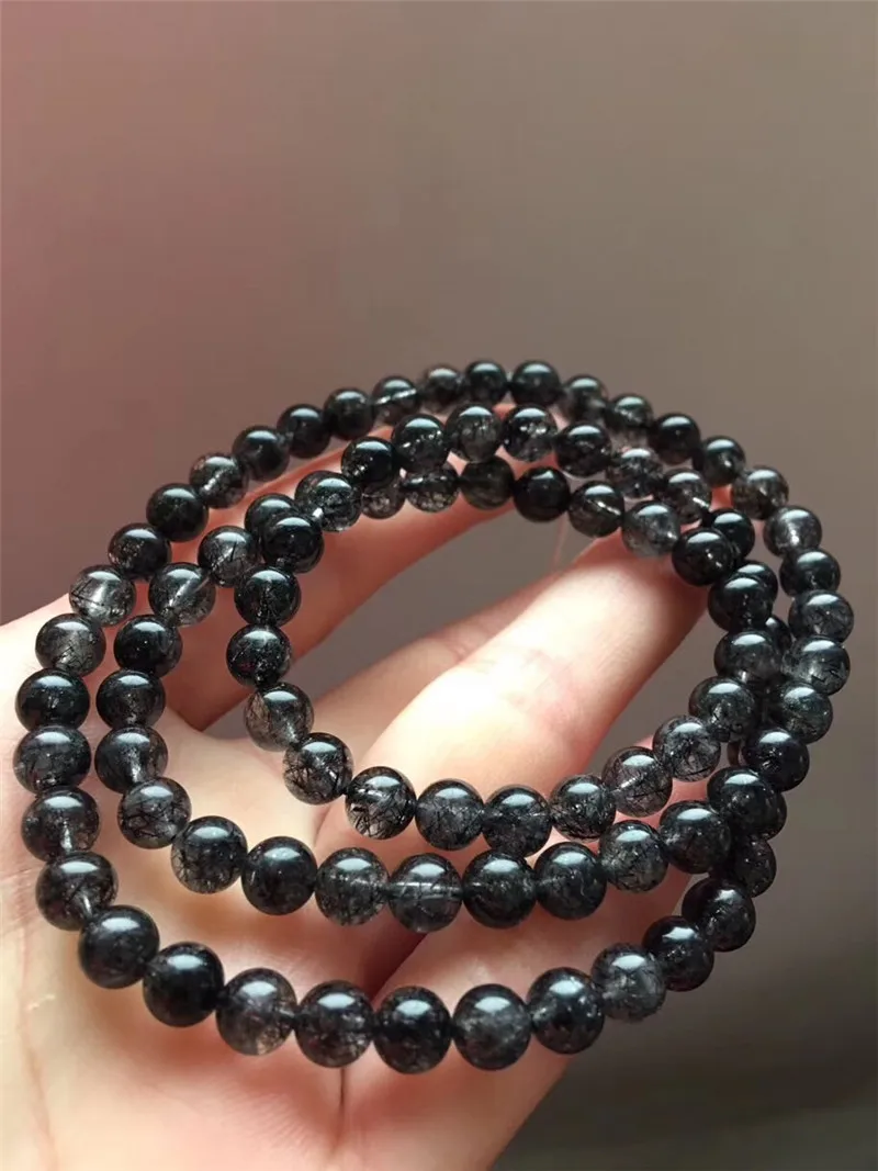 

Natural Black Rutilated Quartz Bracelet 6.1mm From Brazil Round Beads Gems For Women Men Gift Crsytal 3 Laps Bracelets Aaaaa