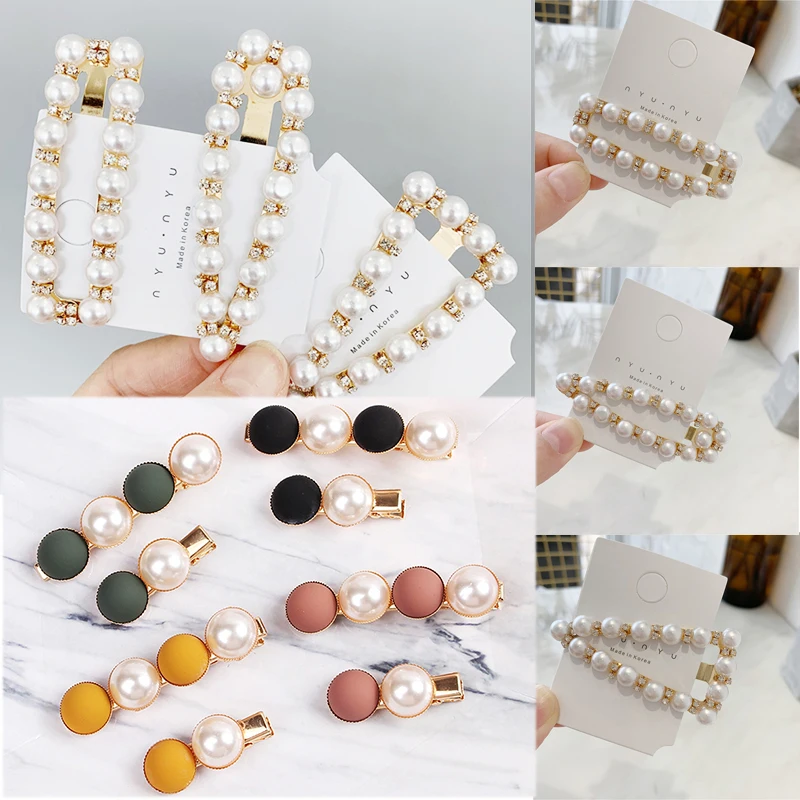 

Sale 1PC Ball Women Hairpins Geometric Crystal Sweet Rectangle Pearl Candy Color Girls Hair Clips