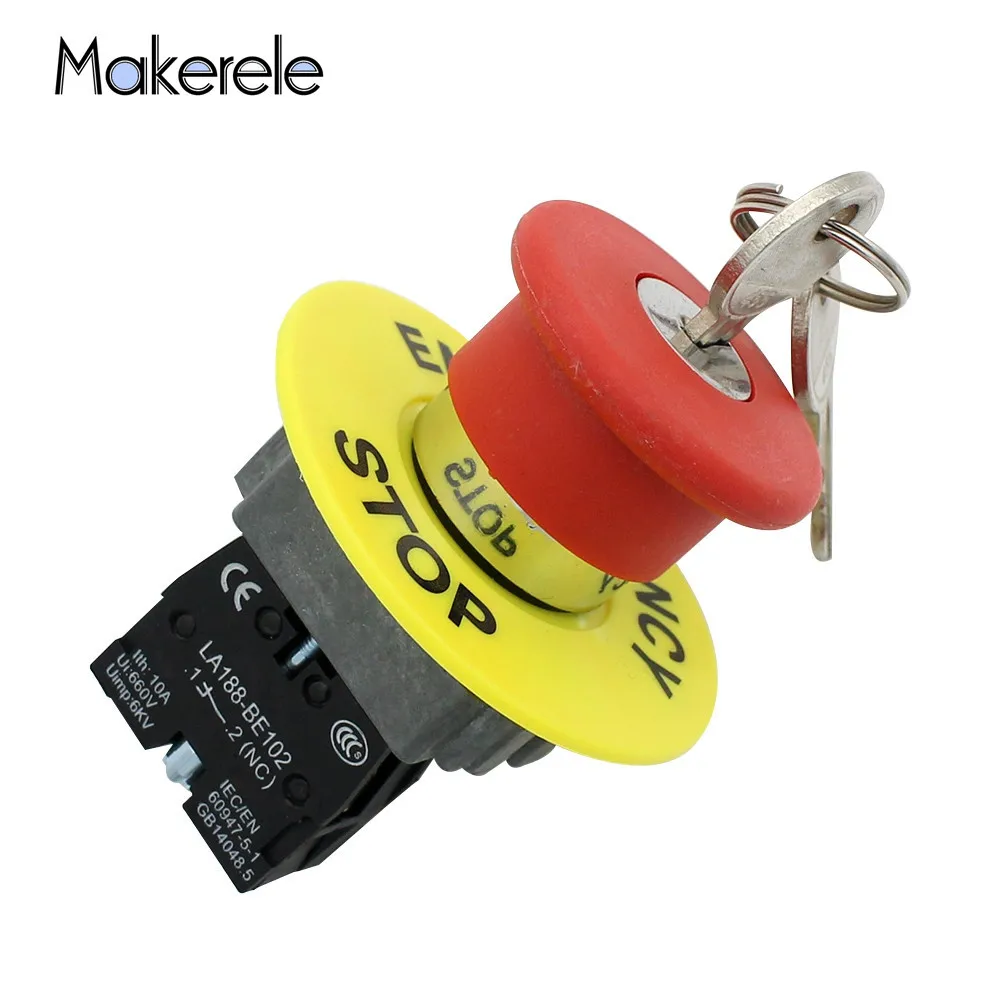 

KEY Emergency Stop Switch Button Metal Emergency Stop Mushroom Head Key Switch LA188-BS142 For Touch Screen Electrical Equipment