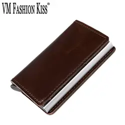 VM Мода поцелуй кредитная карта, RFID держатель бумажник с масляно-восковой пропиткой кожа Противоугонная щетка алюминиевые карты коробка