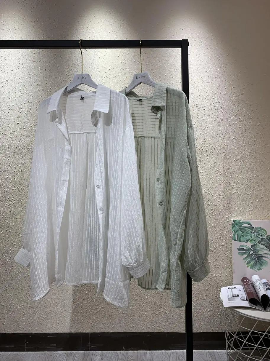 

Lazy wind ins stripe temperament light and translucent solid color loose shirt women long-sleeved sun protection clothing