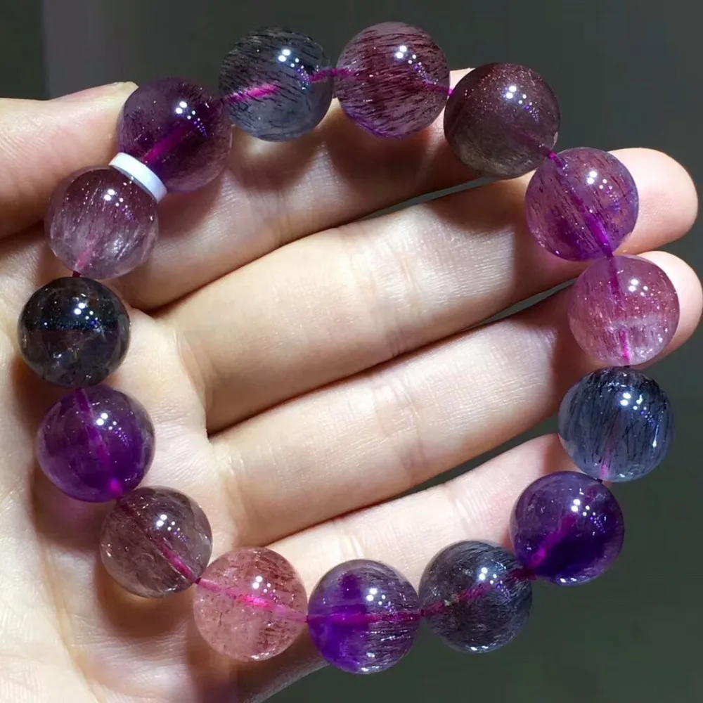 

14.5mm Genuine Natural Super Seven 7 Purple Rutilated Quartz Rare Women Man Round Beads Stretch Bracelet Aaaaa Certificate