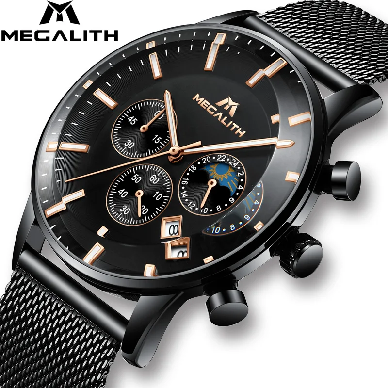 

MEGALITH Fashion Sports Mens Watch Men Top Brand Army Quartz Watches Waterproof Chronograph For Man Mesh Strap Wristwatch Clock