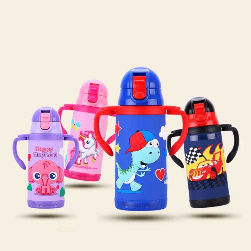 

New Style Children 360ml Straw Insulation Cup 3d Case Stainless Steel Folding Handle Cup Resistant Dual-use