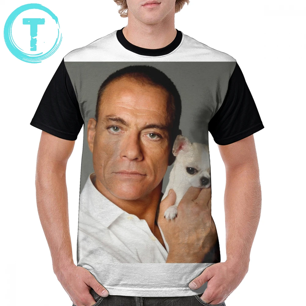 

Van Damme T Shirt Jean-Claude Van Damme Holding A Dog T-Shirt Short Sleeve Awesome Graphic Tee Shirt Print Classic Polyester Tshirt