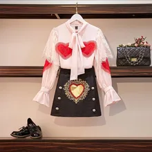 Летний женский комплект, рукав-фонарик, воротник-бант, сердце, кружевная шифоновая рубашка, топ+ модная юбка с вышивкой, костюм из двух предметов