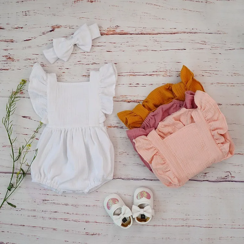 طفل الفتيات السروال القصير القطن العضوي الصيف 2019 مزدوجة الشاش نفخة كم فقاعة رومبير عقال الشعر القوس مجموعة ملابس ل حديثي الولادة
