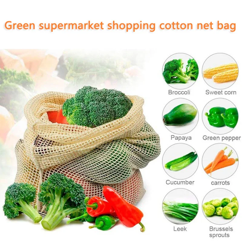 

Vegetable Bags Storage Mesh Bags Reusable Machine Washable Kitchen Home Hot Sale 1PC Fruit And Vegetable Cotton With Drawstring