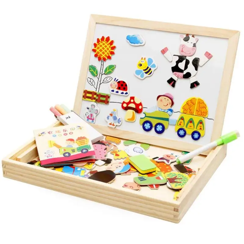 

Wooden Magnetic Puzzle Figure Animals Farming Drawing Board Box Kids Educational Toy Gift