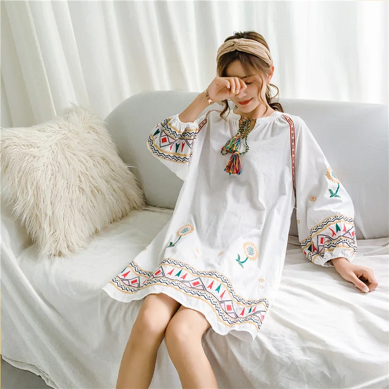 

A holiday for autumn new national wind heavy embroidery cotton and linen color big yards lace dress female