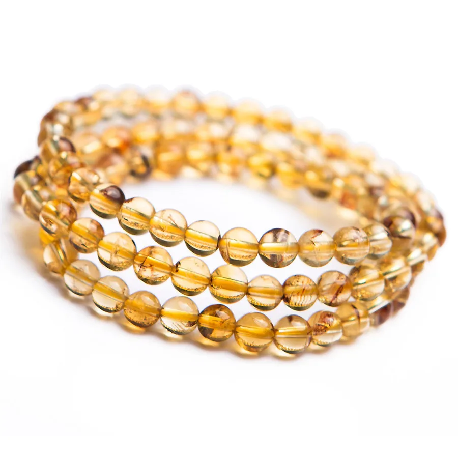

100% 6mm Genuine Yellow Natural Citrine Bracelet For Women Female Crystal Quartz Round Bead Stretch Three Laps Bracelet Aaaaa