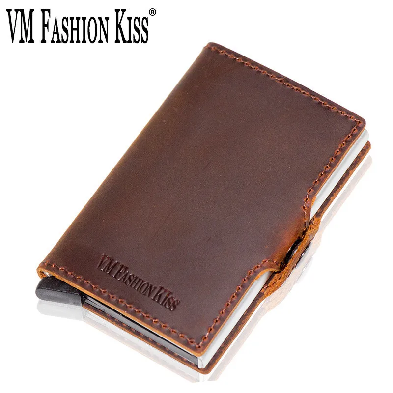 

VM FSAHION KISS Brand Crazy Horse Leather RFID Blocking Minimalism Automatic Pop-up Mini Credit Card Wallet Card Cardholder