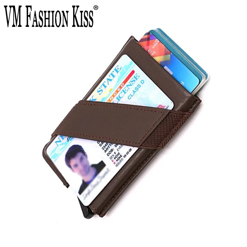 

VM FASHION KISS Genuine Leather Card Holder Aluminum Box RFID Information Security Block Mini Wallet Credit ID Holders Purse