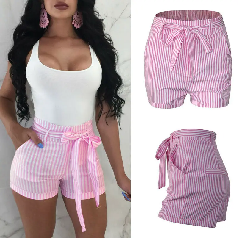 

2019 Fashion Women Cotton Casual Solid Stripe Skinny Drawstring Bow Shorts 3 Colour Sexy Trousers High Waist Short pants