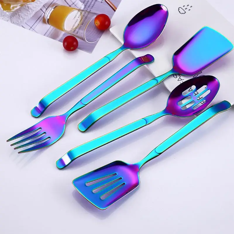 

Colorful Stainless Steel Utensil Set Rainbow Kitchen Tools Gadgets Dishwasher Safe Nonstick Titanium Plated Dinnerware