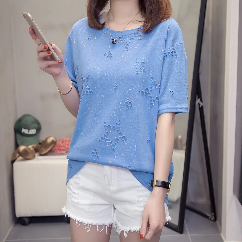 

2019 summer fat short-sleeved shirt summer dress round neck loose large size women's hole a female T-shirt