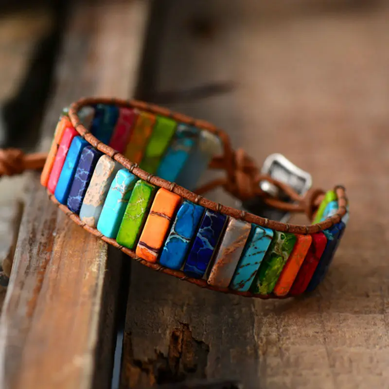 

Chakra Bracelet Jewelry Handmade Multi Color Natural Stone Tube Beads Leather Wrap Bracelet Couples Bracelets Creative Gifts
