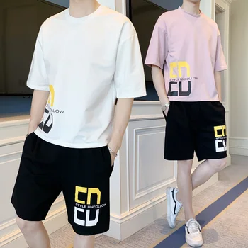 

2019 Spring And Summer New Korean Fashion Hip Hop Couple Handsome Casual Printing Short-sleeved T-shirt Shorts Two-piece S-3XL