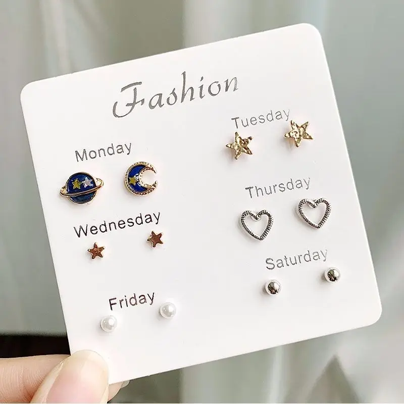 

6 Pairs/set Fashion Rhinestone Crystal Pearl Studs Earrings Set Female Ear Heart star Stud Jewelry
