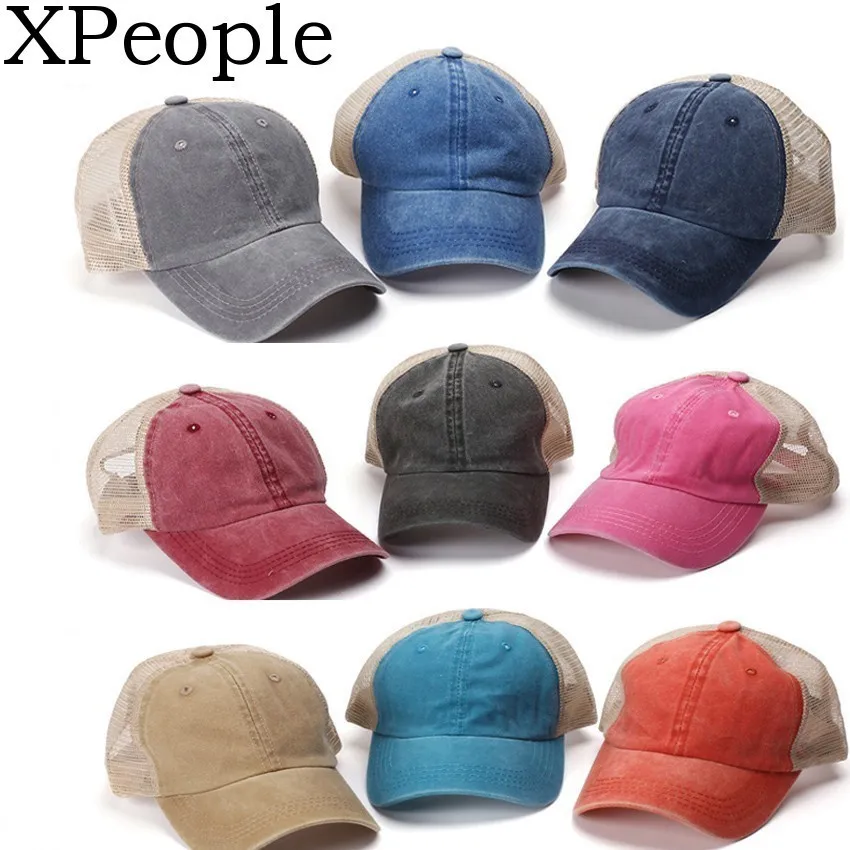 

XPeople Washed Distressed Baseball-Cap Twill Adjustable Dad-Hat Messy Buns Trucker Ponycaps Plain Baseball Visor Cap